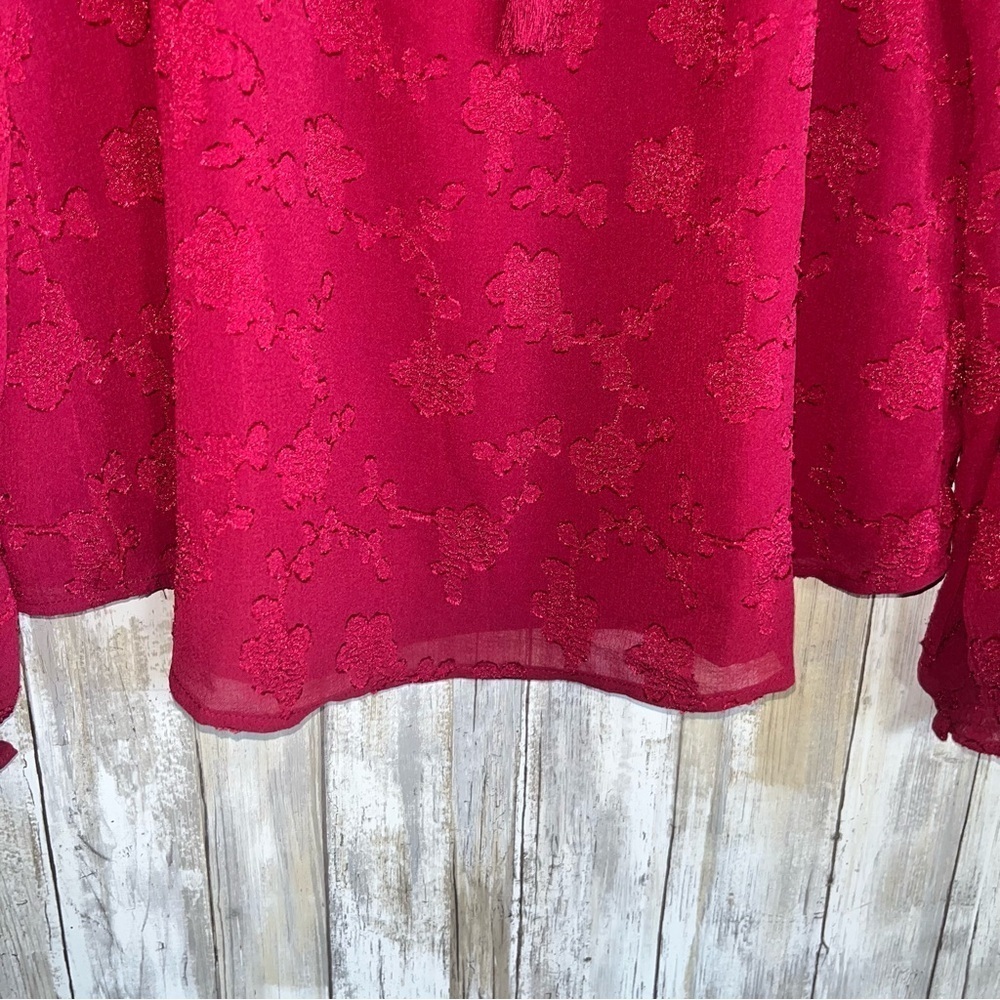 Nanette Lepore Pebble Crepe Floral Tie Neck Blouse Berry Red Size Small - Picture 3 of 5
